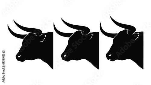Three black silhouettes of bull heads arranged in a horizontal row
