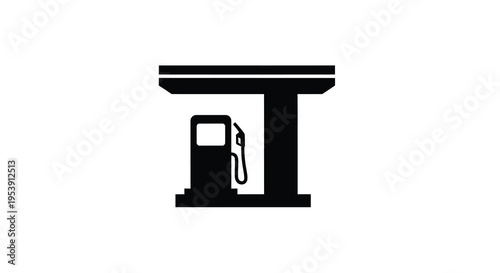 A simple black and white illustration depicts a gas station pump under a canopy