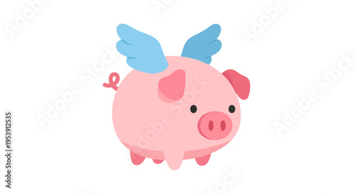 Flying pig illustration, vector style graphic, cute cartoon character, whimsical design