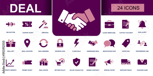 Deal icon set. Containing handshake, contract, offer tag, voucher, negotiation chat, secure transaction, return policy, client briefcase and more. Solid fill vector icons collection.