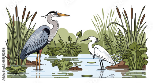 Two Herons Standing in Wetland Illustration.