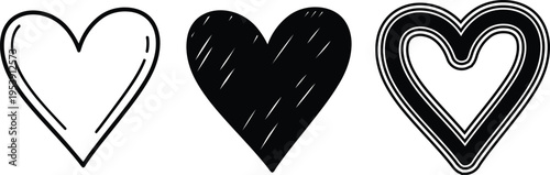 Three heart symbols in black and white