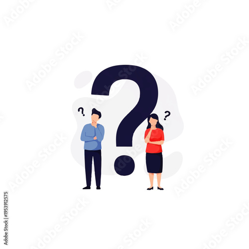 Flat design illustration vector of a puzzled man and woman standing beside a large question mark with thought bubbles, conveying uncertainty in a minimalist style.