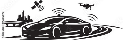 Futuristic car silhouette self-driving on highway, sleek lines.