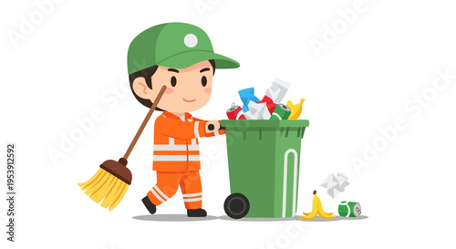 Garbage collector vector illustration, cartoon style graphic for waste management and recycling projects