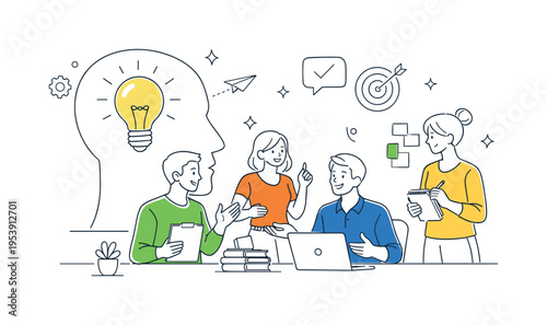 A creative problem-solving scenario in a modern workplace where individuals generate and refine innovative ideas together, using a human head silhouette and a single light bulb as