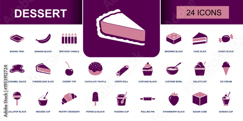 Dessert icon set. Containing brownie, cake slice, cupcake, gelato cup, ice cream, lollipop, pudding cup, strawberry, croissant and more. Solid fill vector icons collection for dessert menu.