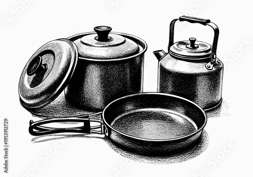 Vintage camping cookware set including a pot, pan, and kettle in a detailed illustration