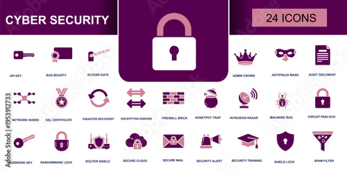 Cyber security icon set. Containing API key, admin crown, audit document, firewall brick, secure cloud, secure mail, shield lock, spam filter and more. Solid fill vector icons collection.