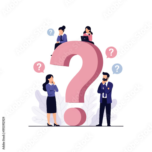 Foto Flat design illustration of people interacting with a large question mark in a vector graphic, conveying uncertainty or inquiry in a minimalist style