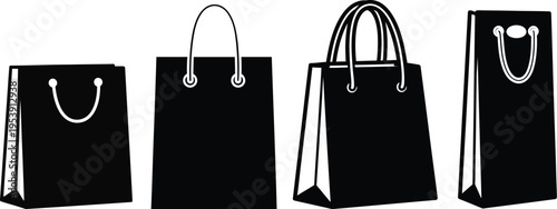 Four black shopping bags with different handles
