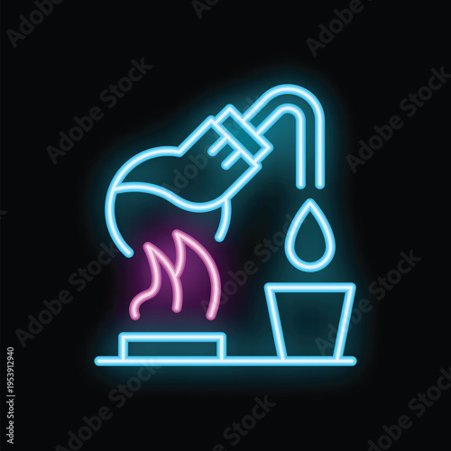 Neon icon representing a robotic arm pouring water from a tank and extinguishing a fire, symbolizing automation in fire safety
