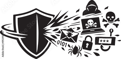 Cyber security silhouette of shield blocking hacker icons.