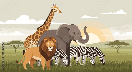 Lion, Giraffe, Elephant, Zebras Standing Together.