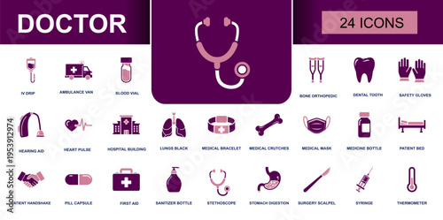 Doctor icon set. Containing stethoscope, ambulance van, blood vial, hospital building, medical mask, syringe, thermometer, first aid and more. Solid fill clean vector icons collection.