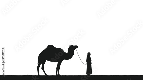Silhouette of a camel and person against a bright white background