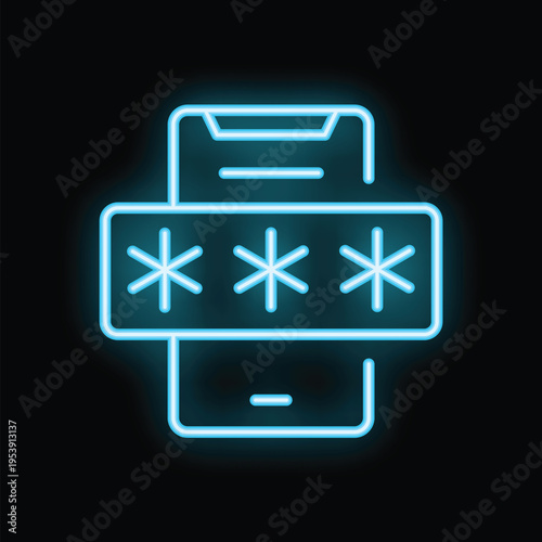 Blue neon icon of a smartphone with a password entry field, symbolizing mobile security and data protection