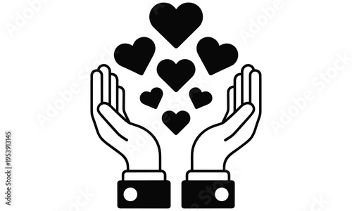 Vector graphic illustration of hands holding hearts symbolizing love care and compassion in a simple black and white design.