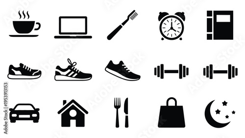 Everyday objects and icons representing daily life, featuring common items such as clocks, cups, phones, and stationery