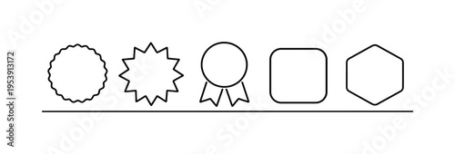 Decorative badge shapes used in product labeling, promotional graphics, and interface highlights to draw attention to key elements and special features, a circular badge seal, a