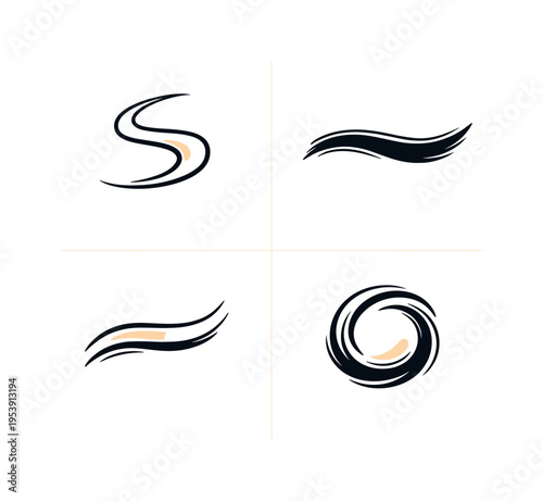 Hand drawn brush stroke elements used as decorative accents in modern visual design where fluid painted lines add organic motion and artistic character to layouts, illustrated