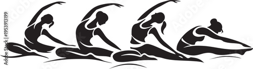 Pilates silhouette of group class stretching, elegant flowing lines.