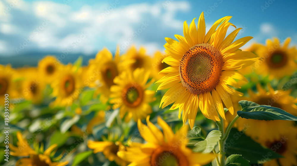 Obraz premium Sunflower field with cloudy blue sky. Sunflowers landscape