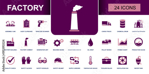Factory icon set. Containing assembly line, cargo truck, chemical drum, machine gears, production gauge, safety helmet, toolbox, ventilation fan and more. Solid fill vector icons collection.