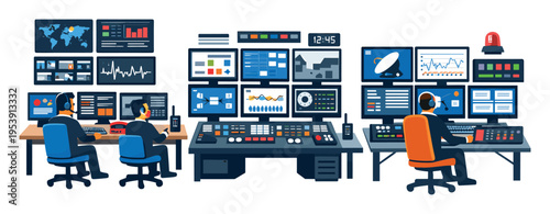 Operators managing a mission-critical operations center, overseeing surveillance, data analysis, and system control on various monitors