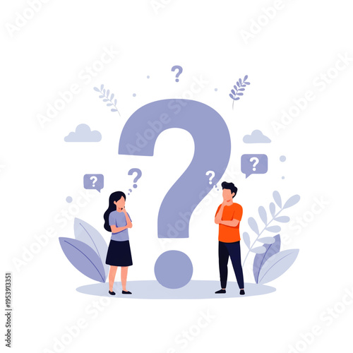 Flat design illustration vector of a man and woman standing thoughtfully around a large question mark with floating question symbols and leaves on a white background.
