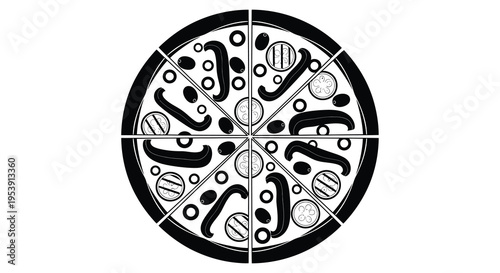 A black and white illustration depicts a circular pizza divided into eight triangular slices
