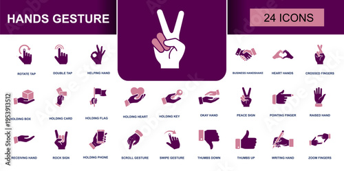 Hands gesture icon set. Containing peace sign, thumbs up, swipe, tap, handshake, heart hands, pointing finger, writing hand, zoom fingers and more. Solid fill vector icons collection.