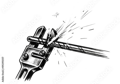 Close-up illustration of a rebar cutter shearing through steel rebar with sparks flying