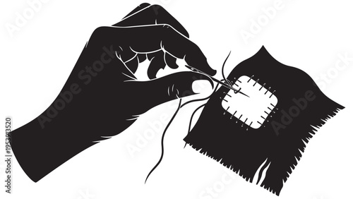 Hand Repairing Torn Cloth with Patch and Needle Icon — Minimal Black-and-White Solid Silhouette, Flat Vector, Isolated on White