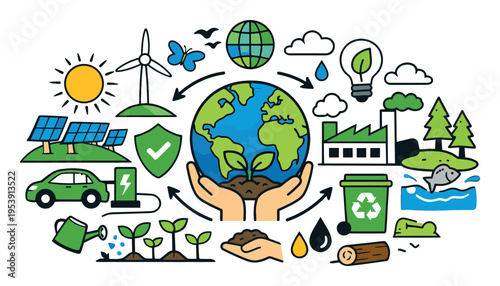 Hands cradling Earth with a green plant, representing global environmental protection, sustainable living, and ecology with diverse eco-friendly elements