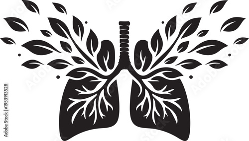 Breathing exercise silhouette of lungs expanding with leaves, symbolic design.