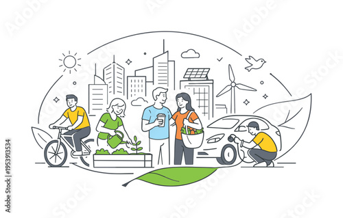 A sustainable urban living concept showing people adapting to eco-friendly lifestyles within a modern city environment, using a clean city skyline combined with a single leaf