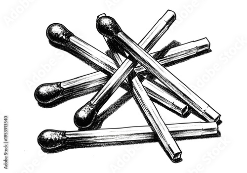 Pile of black and white illustration of safety matches scattered on a white background