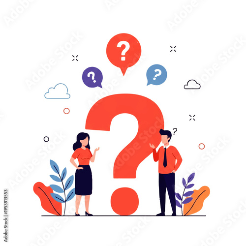 Flat design illustration vector of two people standing next to a large question mark with thought bubbles and symbols around them on a white background.