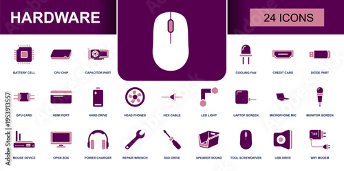 Hardware icon set. Containing battery cell, CPU chip, cooling fan, hard drive, monitor screen, USB drive, WiFi modem, screwdriver and more. Solid fill clean vector icons collection.