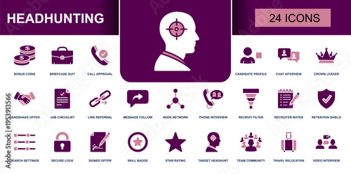 Headhunting icon set. Containing candidate profile, interview, signed offer, recruiter notes, shortlist, skill badge, target search and more. Solid fill vector icons collection for hiring.