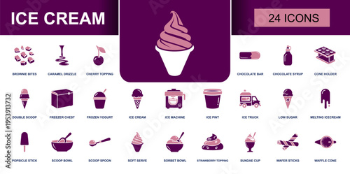 Ice cream icon set. Containing cone holder, double scoop, frozen yogurt, sundae cup, soft serve, chocolate syrup, wafer sticks, popsicle and more. Solid fill vector icons collection.