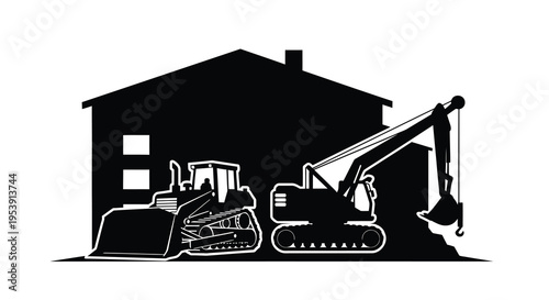 A black and white illustration depicts construction machinery working near a simple house high quality