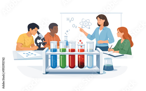 An educational setting where students learn fundamental chemistry concepts through hands on experiments and observation, highlighting understanding of matter and reactions in a