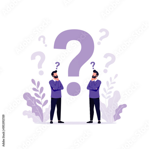 Flat design illustration of two men in purple shirts pondering with large question marks in a vector graphic, conveying confusion and inquiry on a white background with purple plants.
