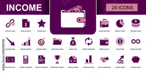 Income icon set. Containing bank account, budget chart, dividend coins, money transfer, net income, passive income, paycheck slip, salary raise and more. Solid fill vector icons collection.