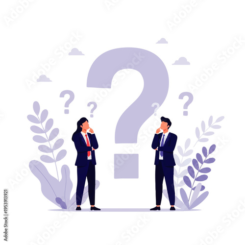 Flat design illustration vector of two businessmen in suits thinking with a large question mark and smaller question marks around them on a white background with purple plants.