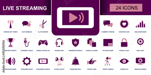 Live streaming icon set. Containing webcam, ring light, headset mic, studio lights, subscribe bell, donation, viewer, streaming screen and more. Solid fill vector icons collection.