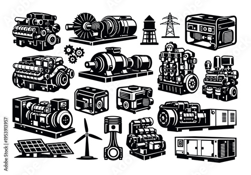 Set of diverse power generation and energy equipment icons, showcasing a range of internal combustion engines and sustainable energy resources
