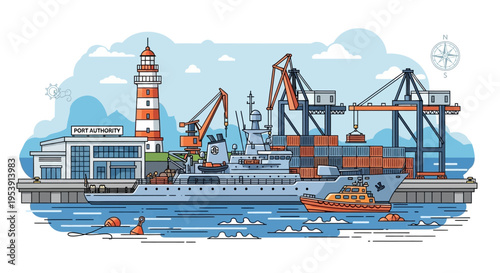 Cargo Ship at Industrial Seaport Terminal.